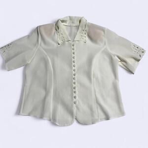 Vintage Semi-sheer Cream button-up blouse with embroidered detail, shoulder pads